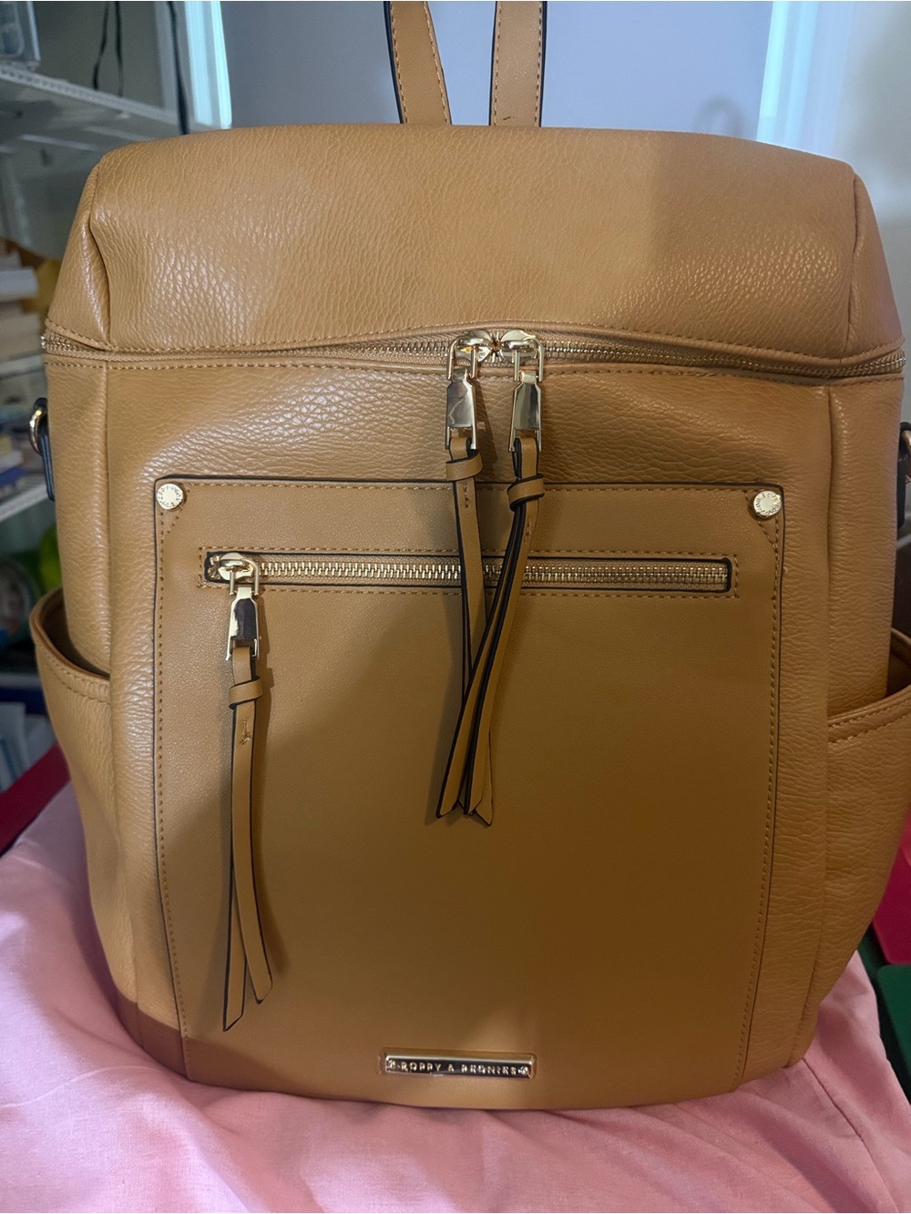 Poppy & Peonies Tan Leather Commuter Backpack Bag